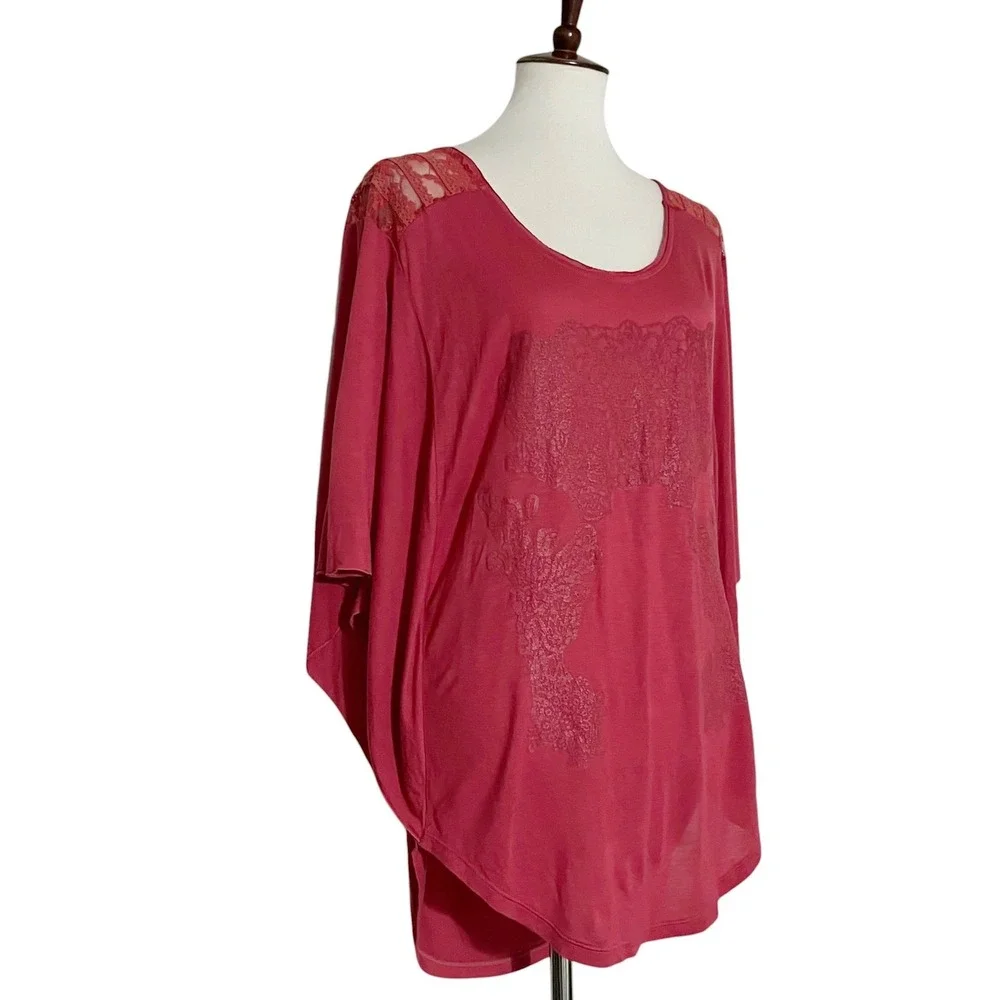 Free People Womens Berry Pink Lace Shoulder Draped‎ Open Back Tunic Top Large